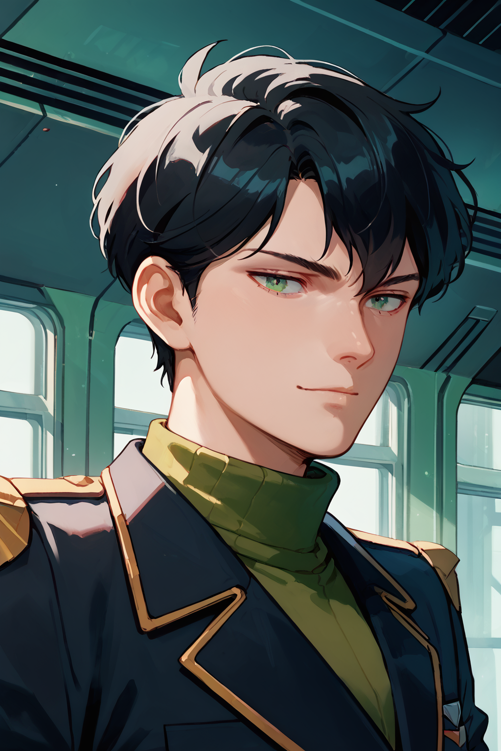 01048-3807517253-sci-fi illustration, gyunei, solo male, handsome face, black hair, slim build, red and black uniform with green turtleneck, _lor.png